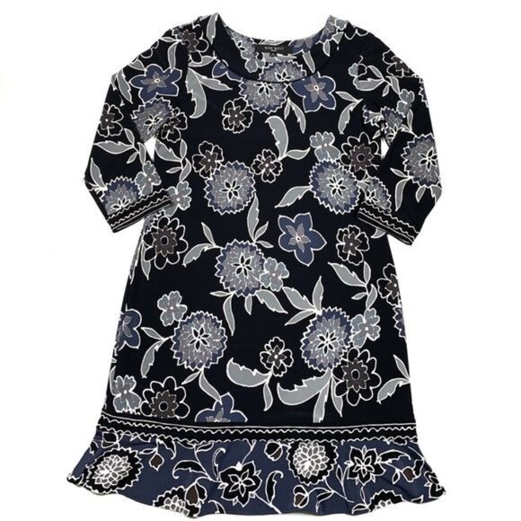 Nine West Floral Ruffle Bottom Boat Neck Multicolor Mini Shift Dress Size 6 - Picture 3 of 7